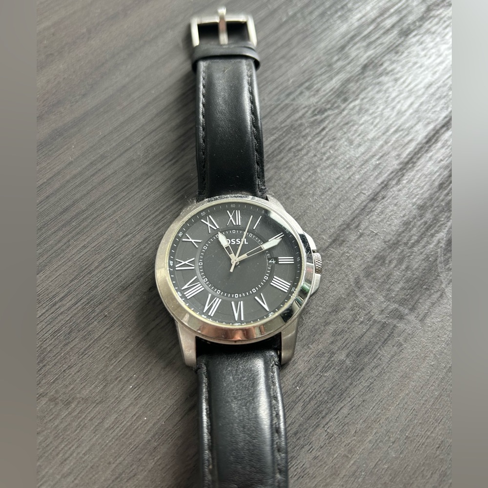 Men’s Fossil Watch- Black and Silver w/ Genuine Leather